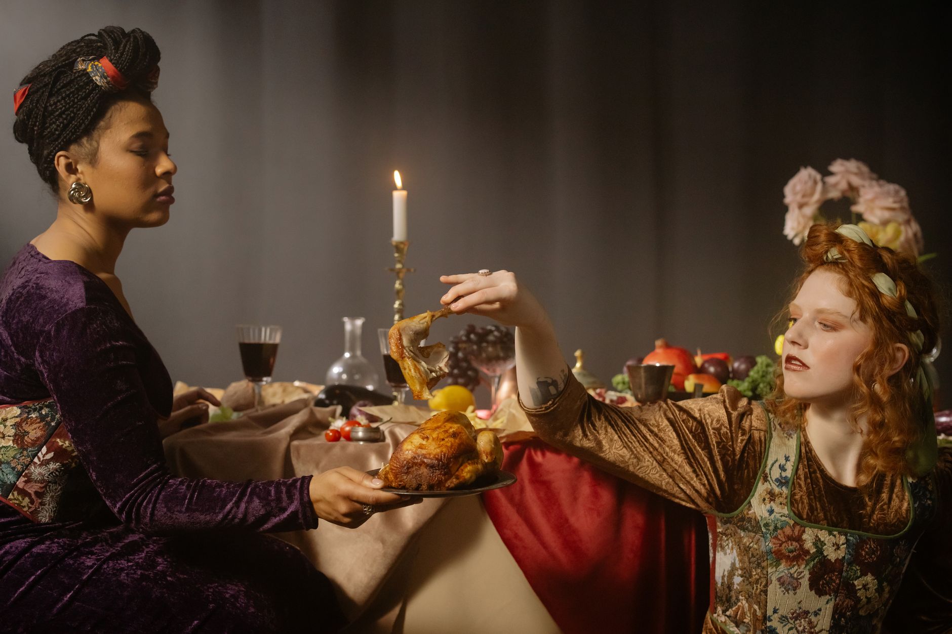A stylized image contrasting a medieval banquet table laden with roasted meats and simple breads, with a modern table featuring processed snacks, soda, and brightly colored vegetables.