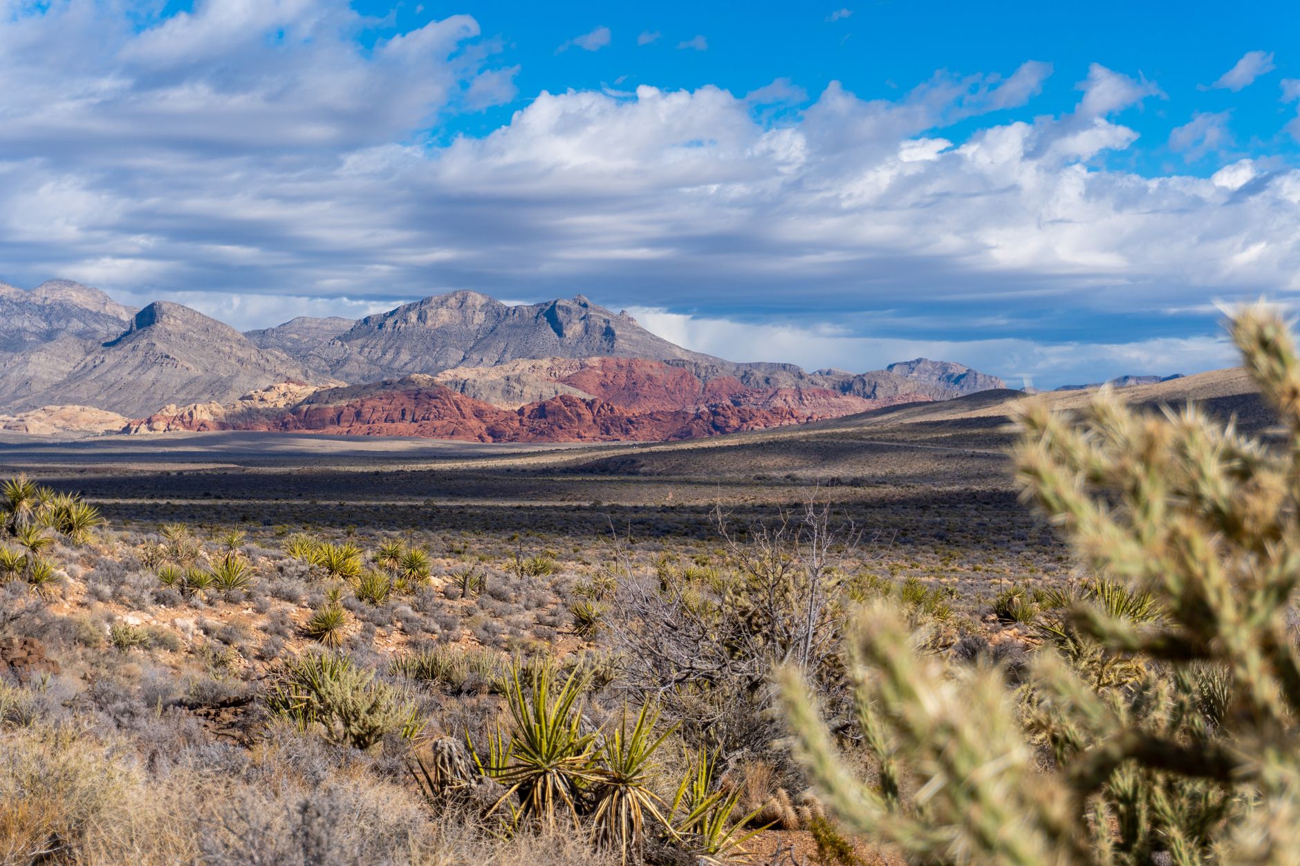 Sweeping panoramic view of the Nevada desert featuring dramatic red rock formations, distant mountains, and the faint ruins of an old settlement under a vast sky.