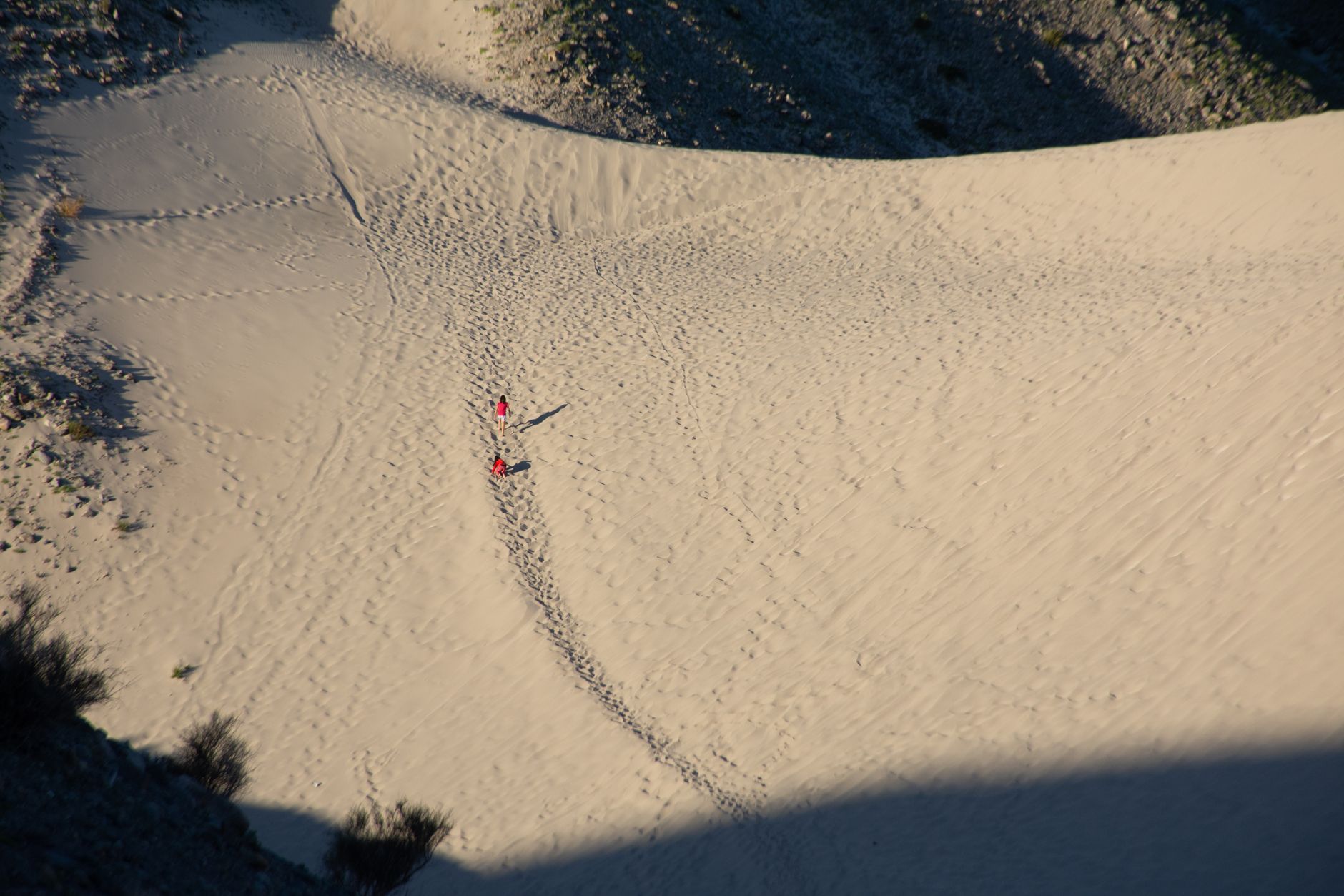 Sweeping panoramic view of a vast desert landscape at sunrise, with faint traces of ancient trails.