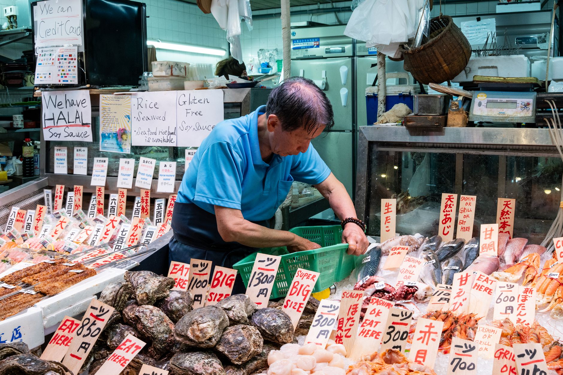 A bustling global fish market scene, showcasing a variety of fresh seafood from different cultures, vibrant colors, and diverse cooking preparations.