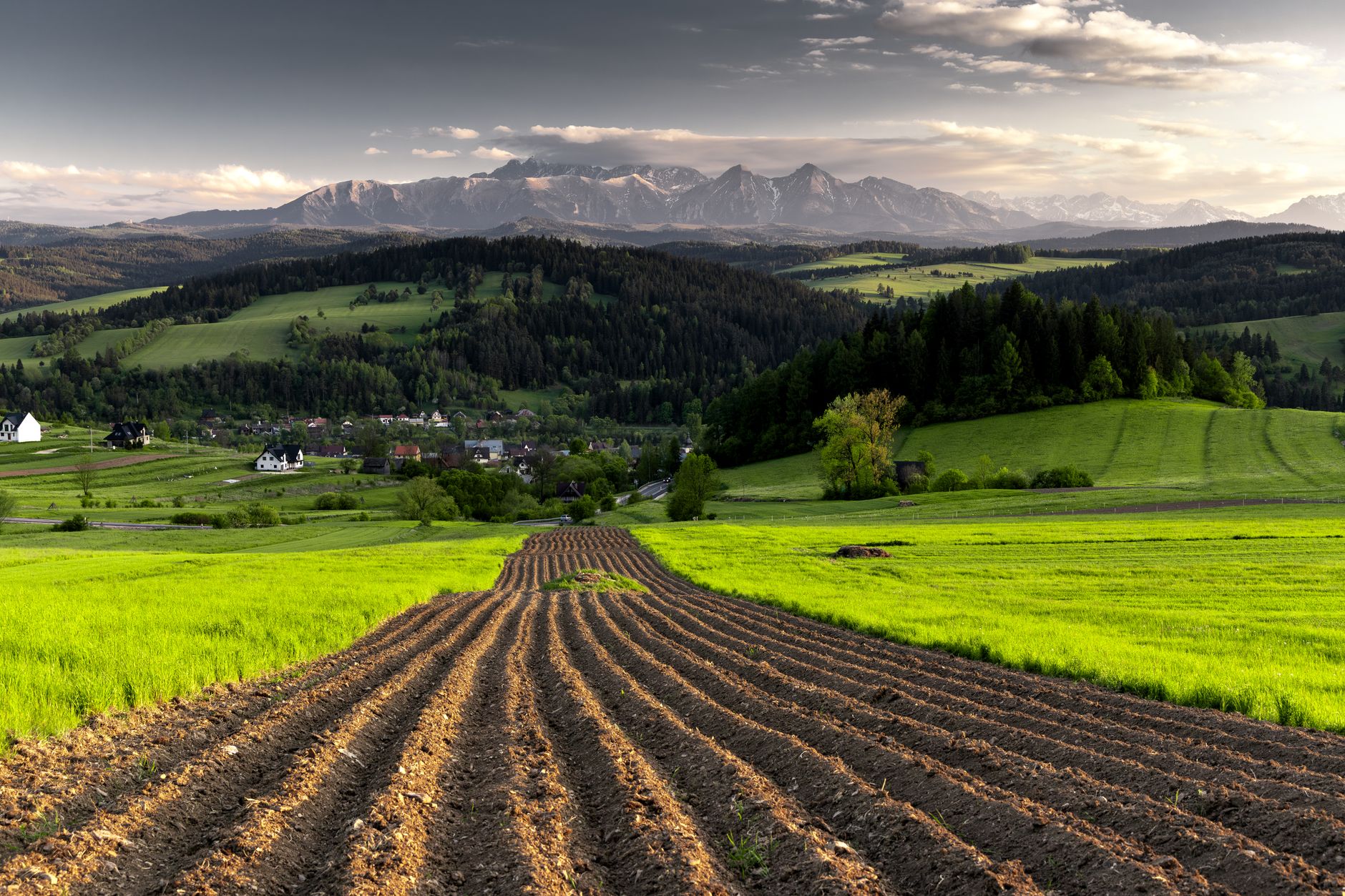 Sweeping view of a picturesque, less-traveled rural landscape in Poland, with rolling hills, a winding river, and a small, traditional village in the distance under a clear sky.