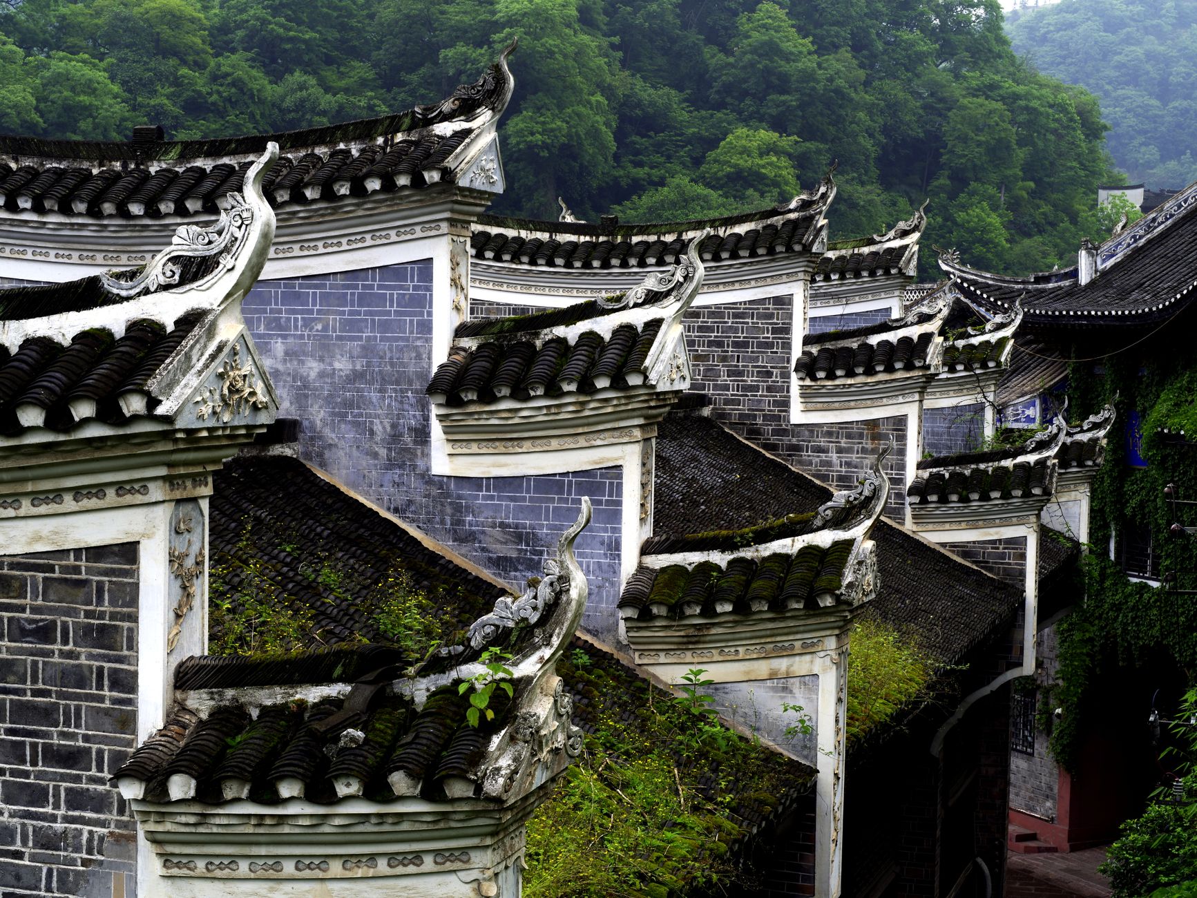 Sweeping view of traditional Chinese architecture nestled in a lush, misty mountain landscape, suggesting ancient history and natural beauty.