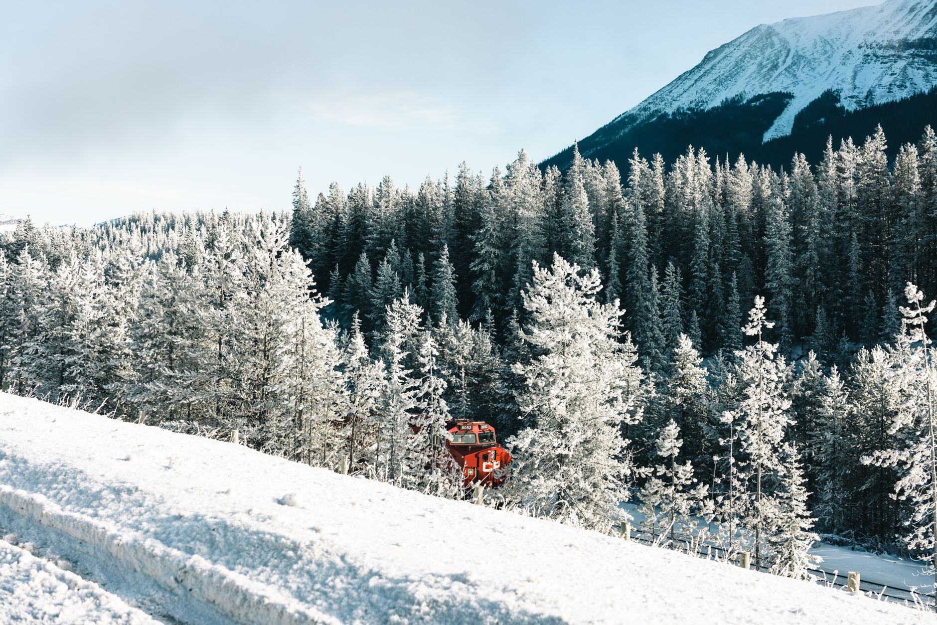 A sweeping panoramic view of a passenger train winding through a vast mountain range with dense forests and a river, under a clear sky.