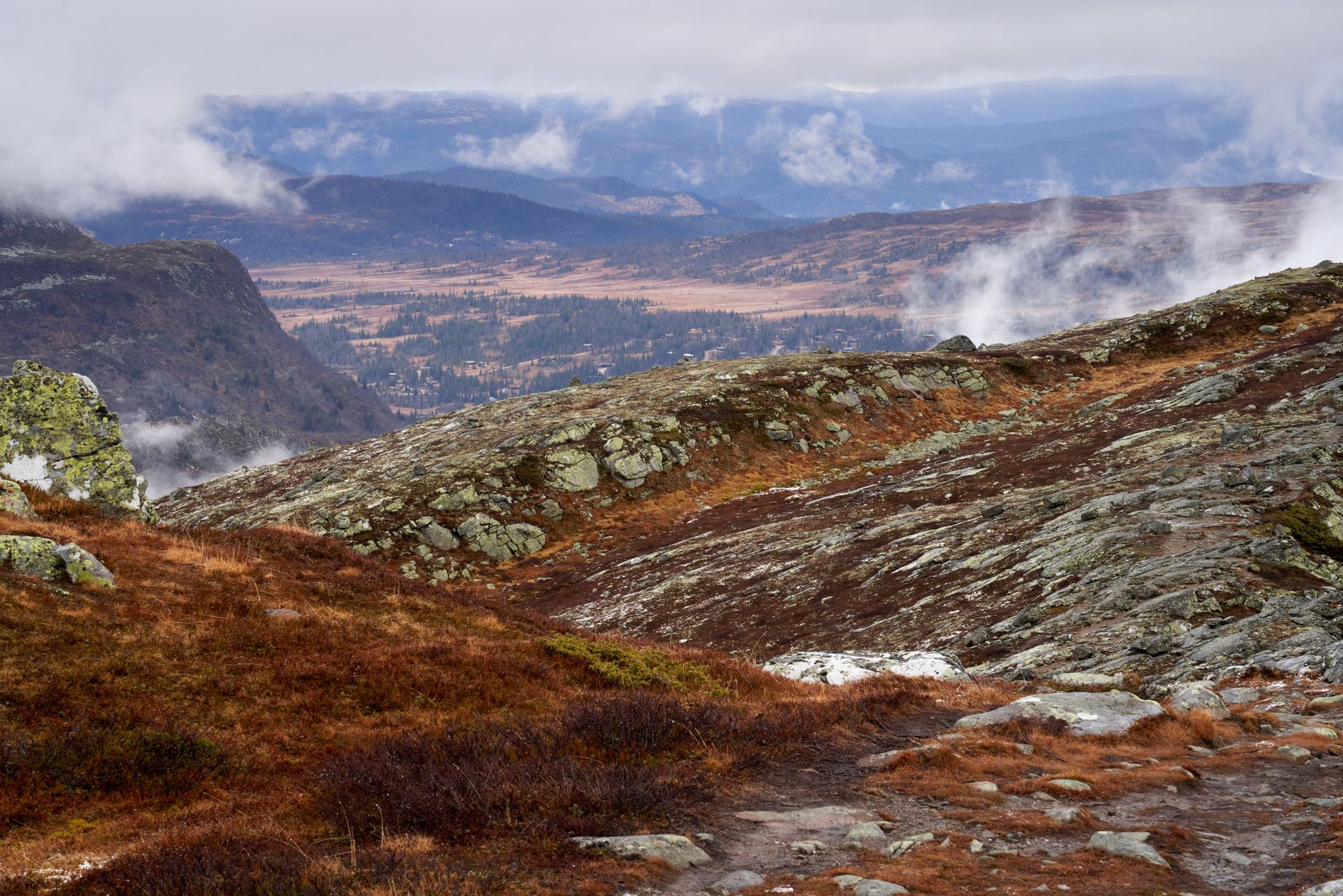 A dramatic, misty landscape showcasing a fjord with steep cliffs and a calm body of water, hinting at the wild beauty of Scandinavia.