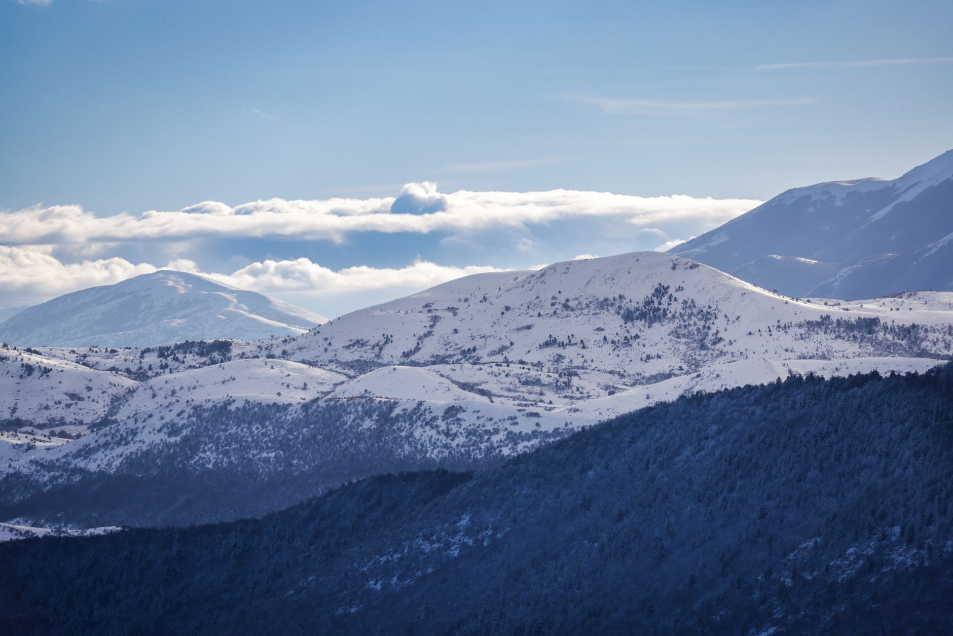 An aerial view of a snow-covered small town in a valley, surrounded by frosted pine trees and distant mountains under a clear winter sky.