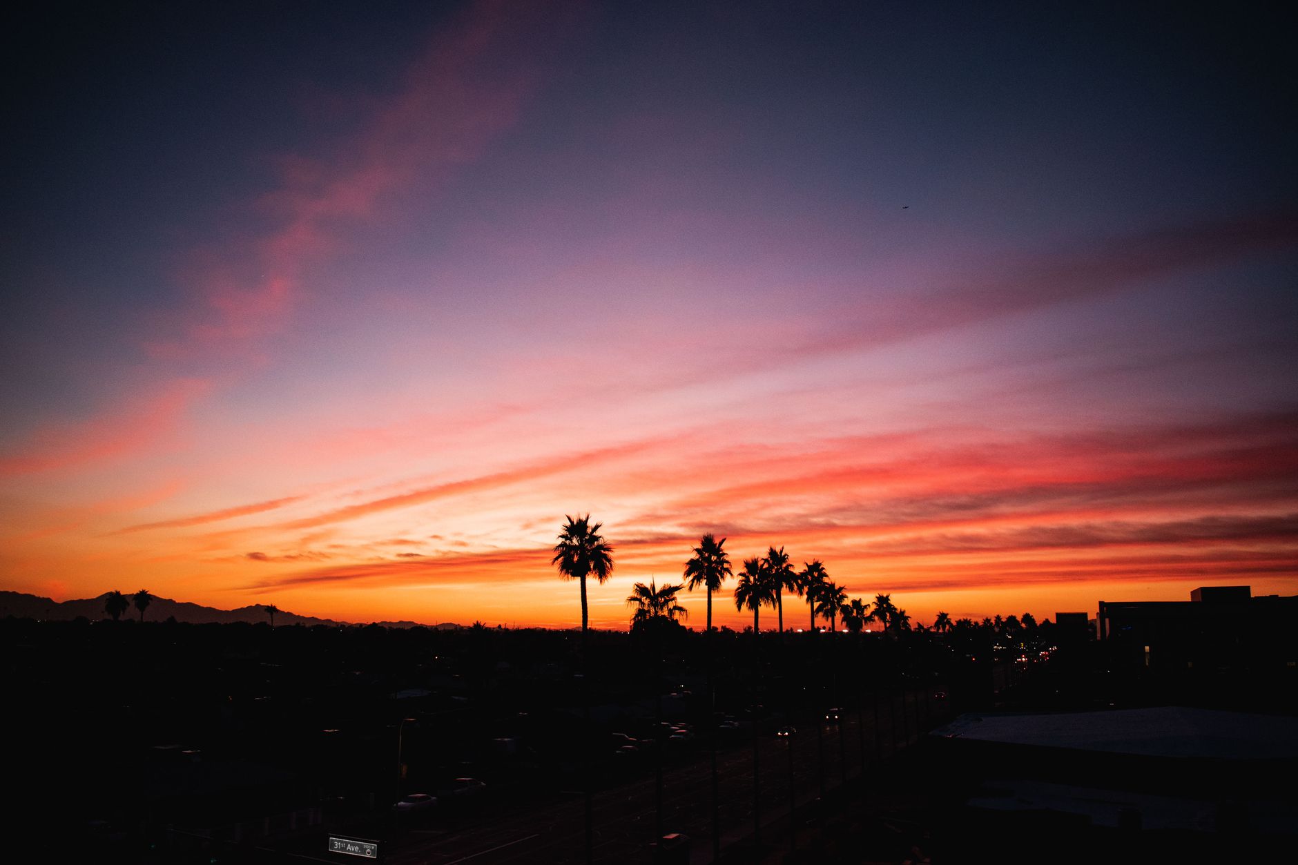 Sweeping view of the Palm Springs desert landscape at sunset, with mountains in the background and iconic palm trees dotting the foreground.