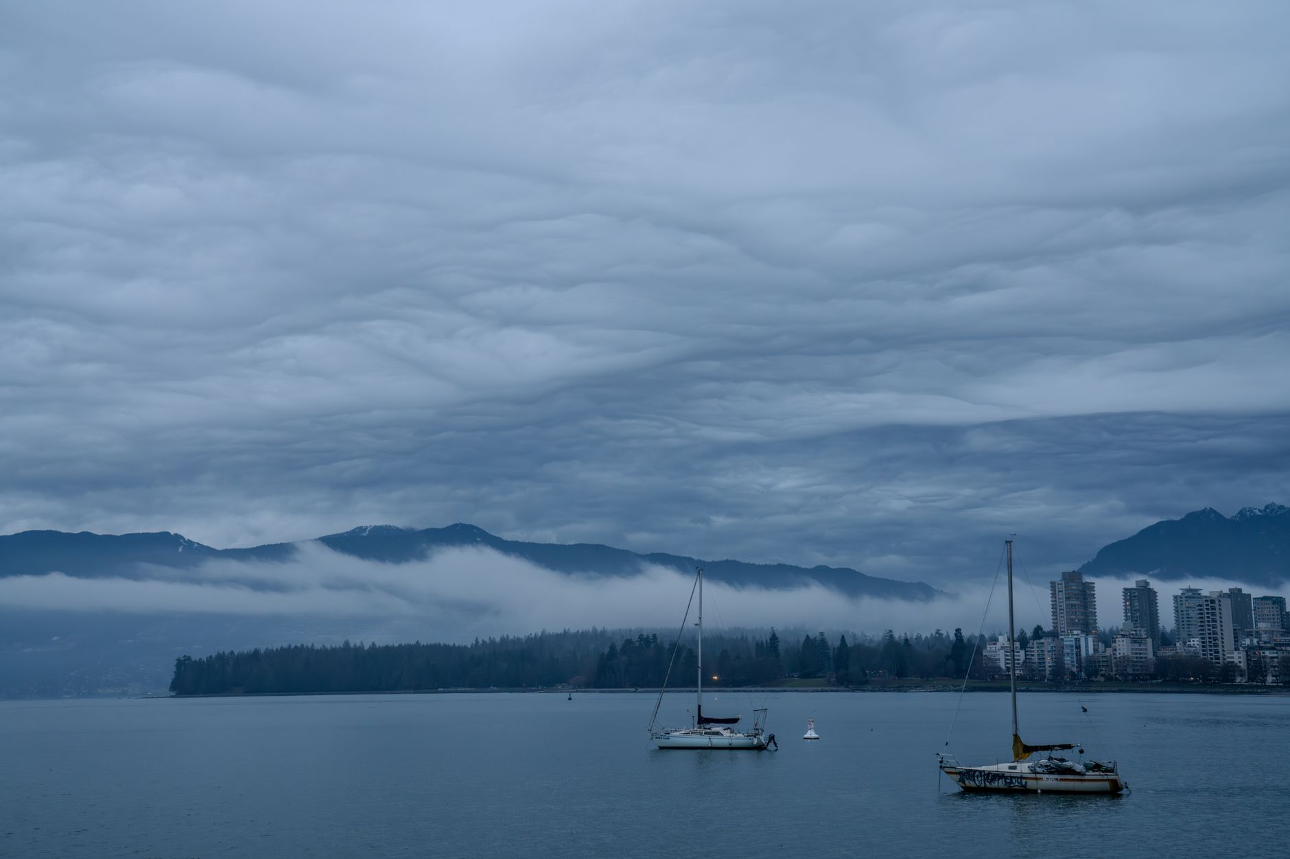 A sweeping view of Vancouver's cityscape against mist-shrouded mountains and a grey, atmospheric sky, hinting at the city's natural beauty even in wet weather.