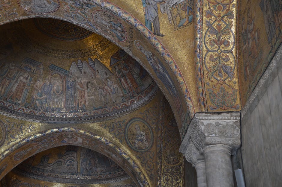 Interior view of the Basilica di Santa Prassede in Rome, showcasing its stunning 9th-century Byzantine mosaics in the apse, with golden light reflecting off the intricate details.