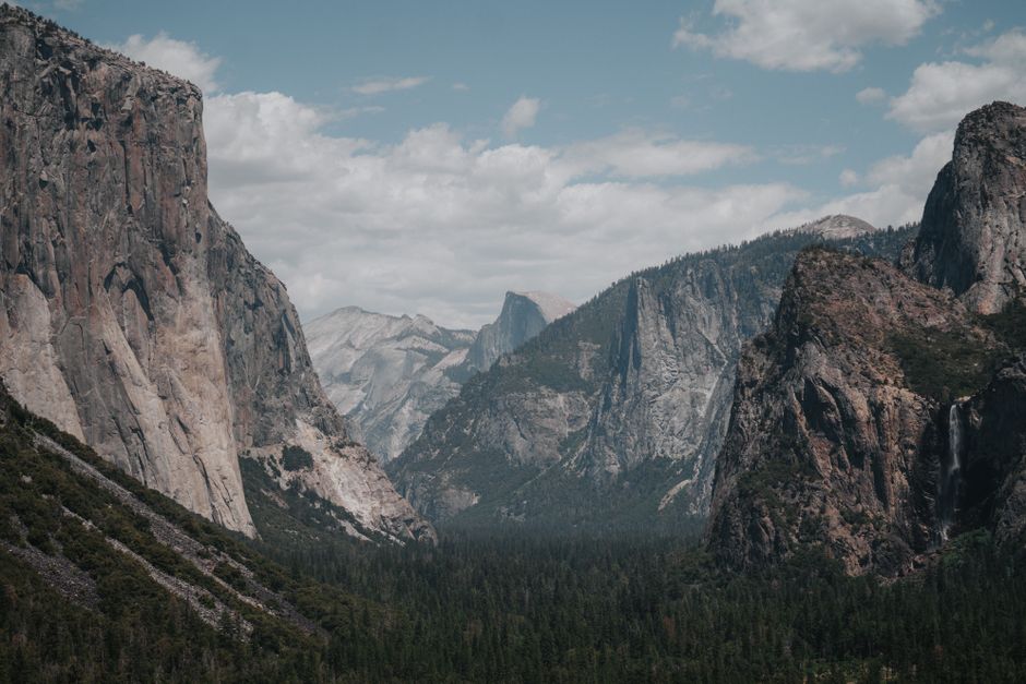 Panoramic view of Yosemite Valley with El Capitan, Bridalveil Fall, and Half Dome visible, framed by pine trees.